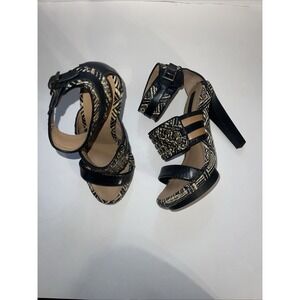 Bohemian Tribal Woven BCBG Max Azria Stiletto Heels‎ Black Leather Studded
